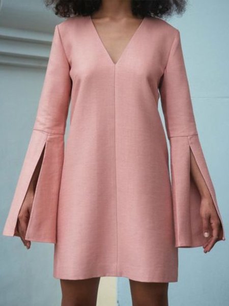 

V Neck Slit Solid Elegant Dress, Pink, Mini Dresses