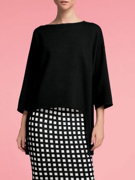 

Crew Neck Loosen Plain Daily Top, Black, Tops