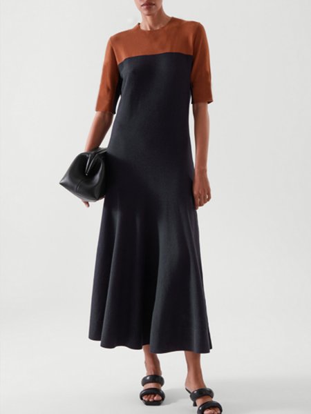 

Half Sleeve Color Block Crew Neck Elegant Dress, As picture, Midi Dresses