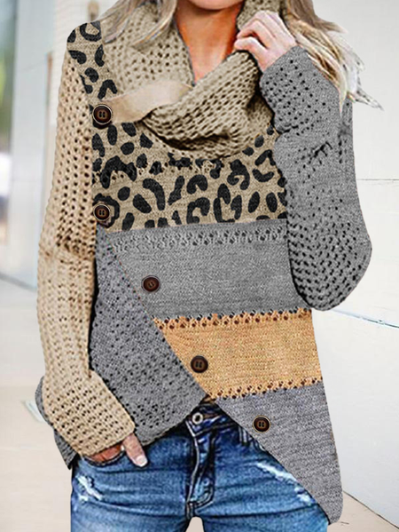 

Color Block Leopard High Neck Casual Sweaters, Multicolor, Sweaters