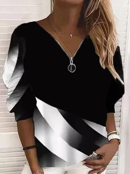 

V Neck Color Block Vintage Shirts & Tops, Black, Long sleeve tops