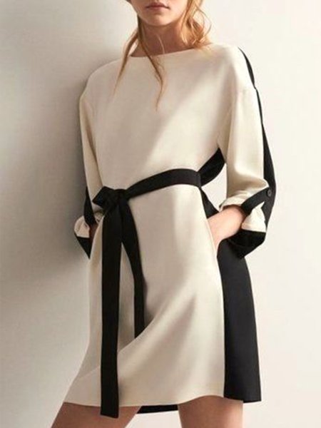

Daily Color Block Crew Neck Pockets Dress, As picture, Mini Dresses