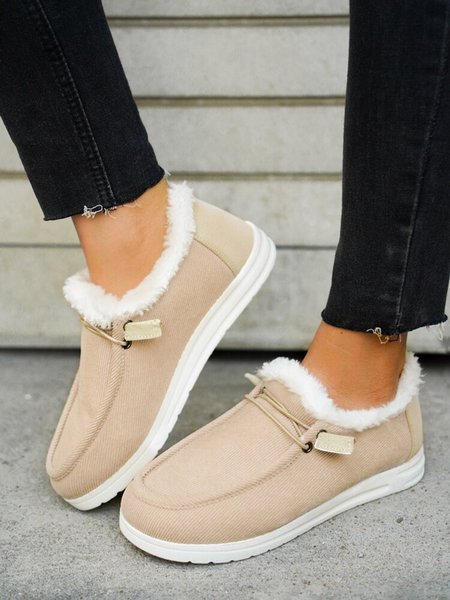 

Simple Plain Lace Up Plus Velvet Warm Flat Shoes, Apricot, Flat & Loafers