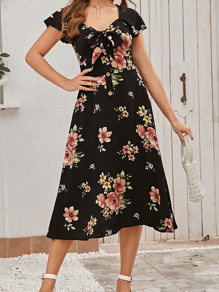 

Floral V Neck Loosen Dresses, Black, Floral Dresses