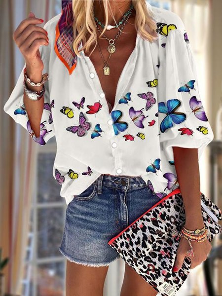 

Butterfly Printed Buttoned Round Neck Three Quarter Casual Loosen Shirts & Tops, White, Blouses & Shirts
