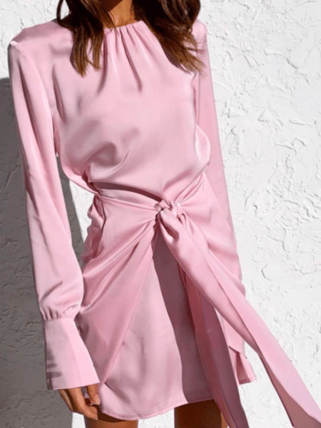 

Spring Crew Neck Regular Fit Satin Long sleeve Daily Mini Dresses, Pink, Mini Dresses