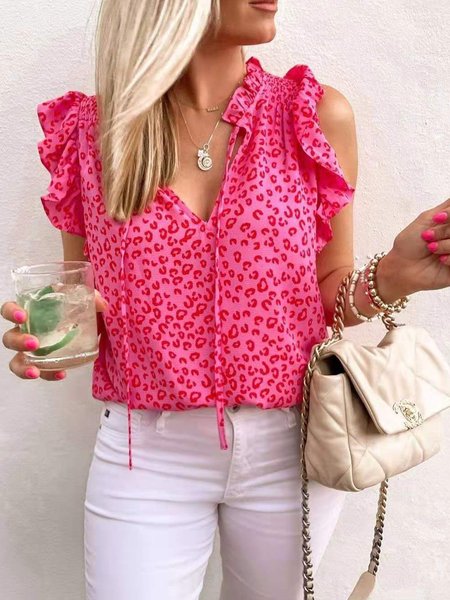 

V neck Loosen Casual Leopard Tops, Deep pink, Tops
