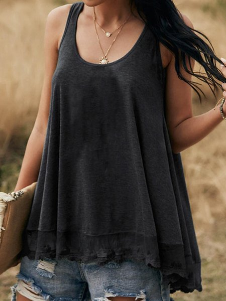 

Casual Cotton Blends Vacation Solid Loosen Vests, Black, Tank Top