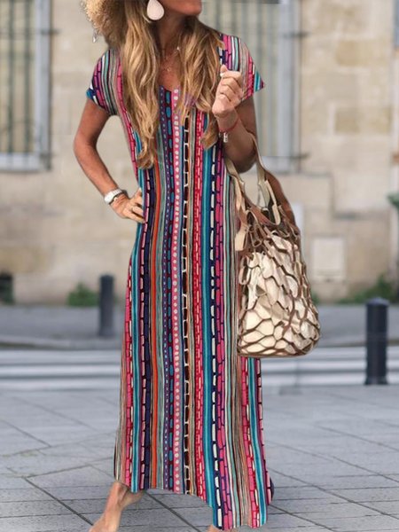 

Plus Size Striped Slightly stretchy Daily Loosen Dresses（accessory not included）, Multicolor, Boho dresses