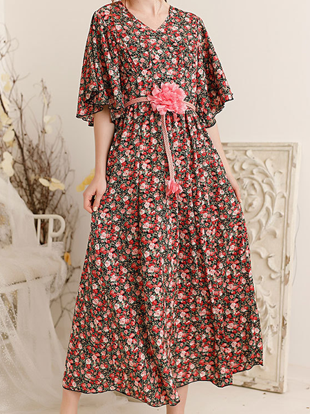 

V Neck Floral Chiffon Dresses, Red, Floral Dresses