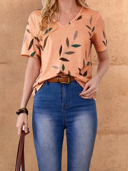 

V Neck Leaves Loosen Shirts & Tops, Orange, Tops