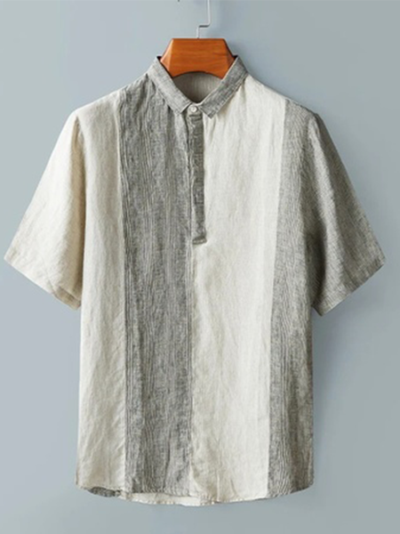 

Colorblock Casual Cotton And Linen Striped Short-Sleeved Polo Collar Shirt, As picture, Polos