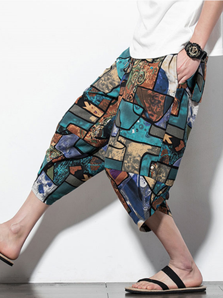 

Retro Cotton And linen Ethnic loose Cropped Harem Pants, Deep brown, Men's pants
