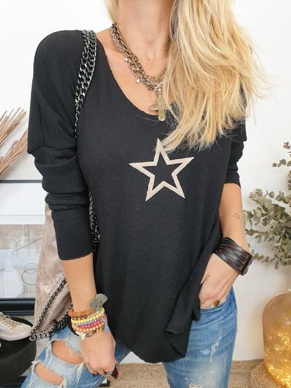 

V Neck Casual Star Daily Shirts & Tops, Black, Tops