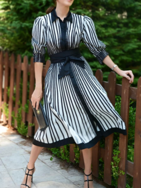 

Spring A-line Loosen Striped Lightweight Date Daily Three Quarter Dresses, Stripe, Midi Dresses