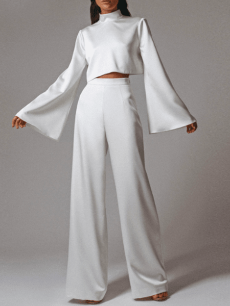 

Spring Stand Collar Satin Simple Daily Household Long sleeve Tops, White, Blouses and Shirts
