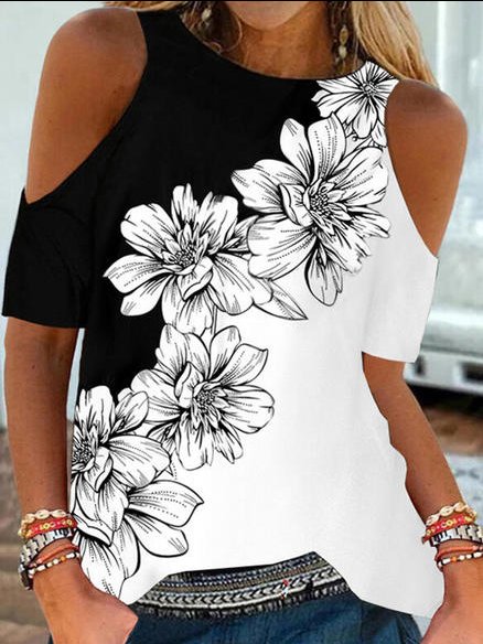

Floral Printed Off the shoulder Short Sleeve Shirts & Tops, Black-white, Tees & T-shirts