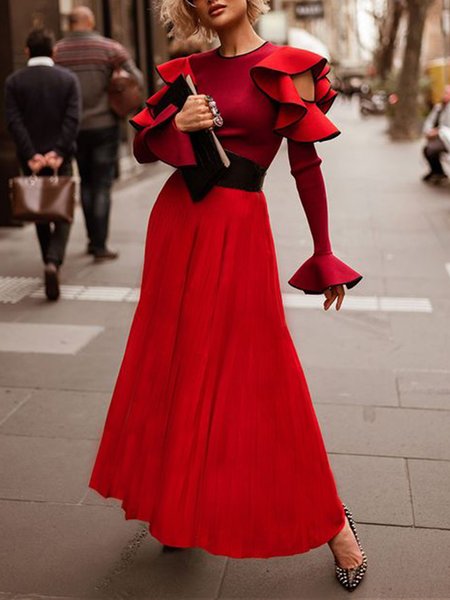 

Solid Lady Long Sleeve Crew Neck Maxi Dress, Red, Maxi Dresses