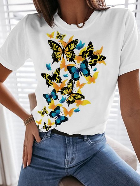 

Butterfly Round Neck Casual Short Sleeve T-shirt, White, T-Shirts