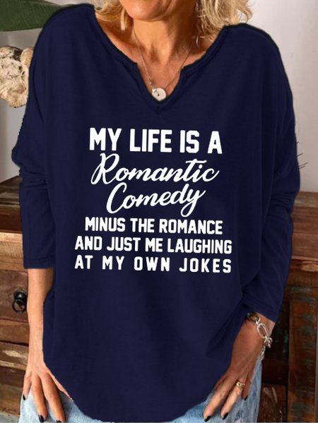 

Funny text print notched neck long sleeve shirt, Purplish blue, Long sleeves