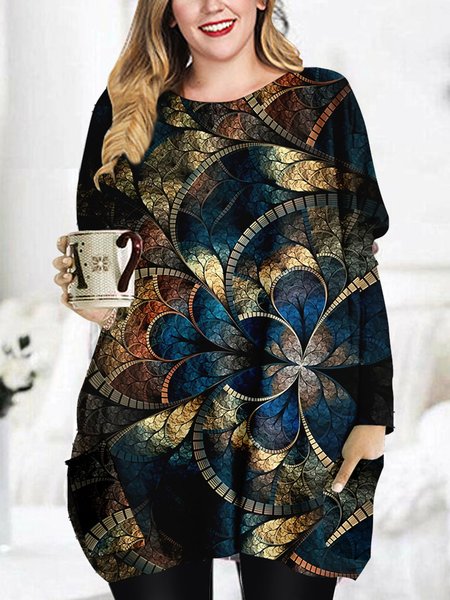 

Plus Size Pockets Abstract Black Loosen Casual Dresses, Mini Dresses