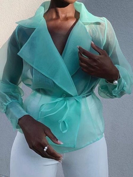 

Elegant Lapel Solid Long Sleeve Top, Green, Blouses and Shirts