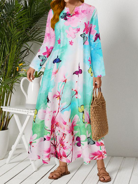 

Holiday dresses Blue pink gradient flower butterfly pattern holiday dress Loosen Dresses, Multicolor, Tie dye dress