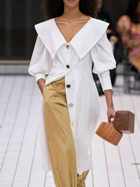 

Work Elegant Lapel Solid Long sleeve Dress, White, Midi Dresses