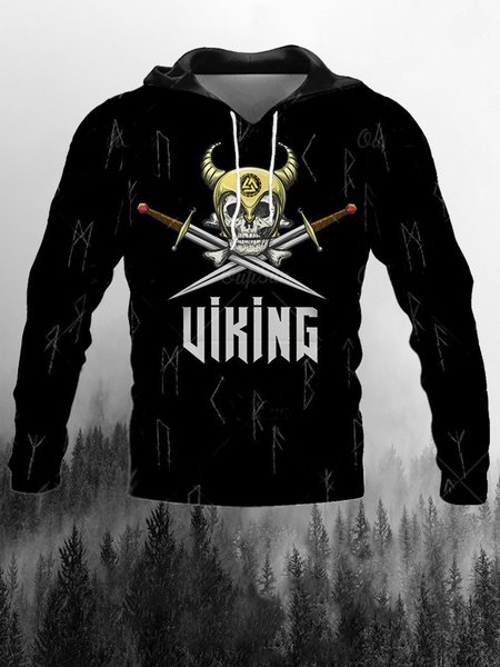 

Men's Viking Mythological Elements Graphic Print Hooded Long Sleeve Sweatshirt, Black, Hoodies