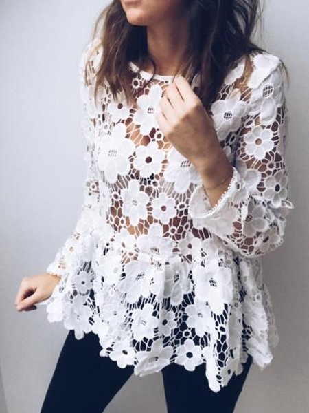 

Elegant Regular Fit Long Sleeve Top, White, Tops