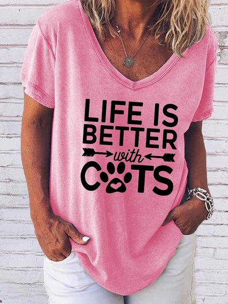 

Life is better with cats V-neck short-sleeved T-shirt, Pink, T-shirts
