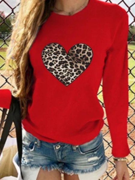 

Heart Shaped Leopard Print Long Sleeves Color Block T-shirt, Red, Tops