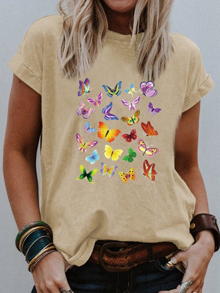 

Loosen Butterfly Casual T-shirt, Apricot, T-Shirts