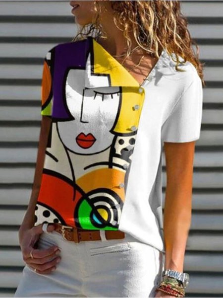 

Asymmetrical Color Block Printed Neck Short Sleeve Shirts & Tops, White, Shirts & Blouses