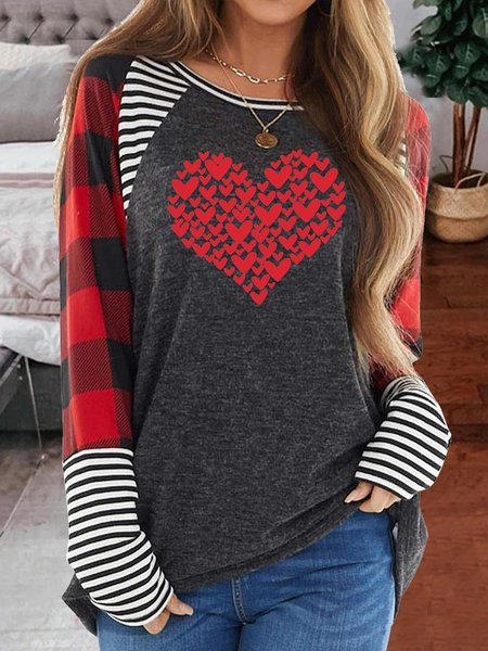 

Valentine's Day Shirt for Women Love Heart Print Graphic Tee Tops Buffalo Plaid Long Sleeve T-Shirts Tops, Gray, Tops