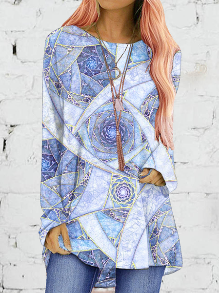 

Geometric Crew Neck Loosen Shirts & Tops, Blue, T-Shirts