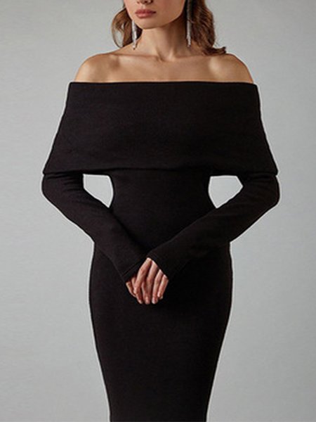 

Date,Holiday,Party Boat Neck Solid Elegant Dress, Black, Midi Skirts