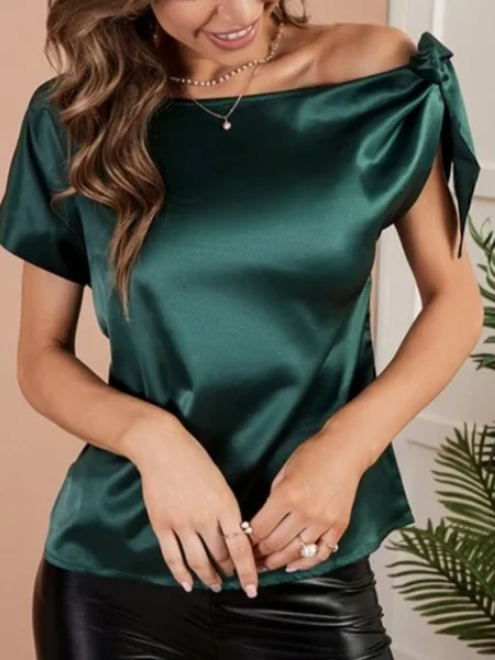 

Asymmetric collar tie bow gorgeous Satin glossy fabric party top Plus Size, Green, Tops