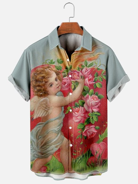 

Mens St Valentine's day Cupid Love Heart Print Casual Breathable Short Sleeve Hawaiian Shirts, Blue, Men's Floral shirt