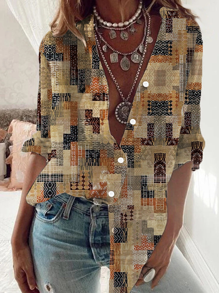 

Cotton Blends Color Block Shirt Collar Blouse, Brown, Shirts & Blouses
