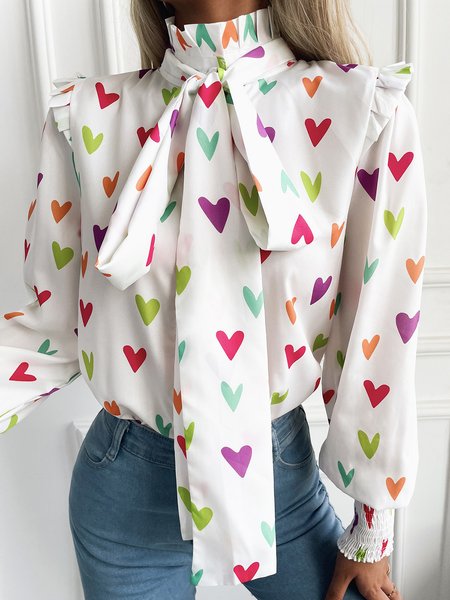 

Printed Elegant Ruffle collar Work Shirt, White, Blouses and Shirts