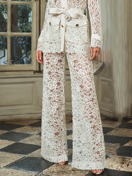 

Lady Regular Fit Solid Pants, White, Wide Leg Pants