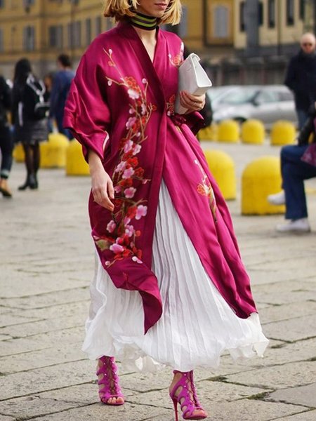 

Elegant Floral Printed Collarless Outerwear, Rose red, Kimonos