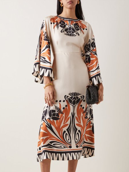 

Romantic Lady Floral Regular Fit Crew Neck Dress, As picture, Midi Dresses