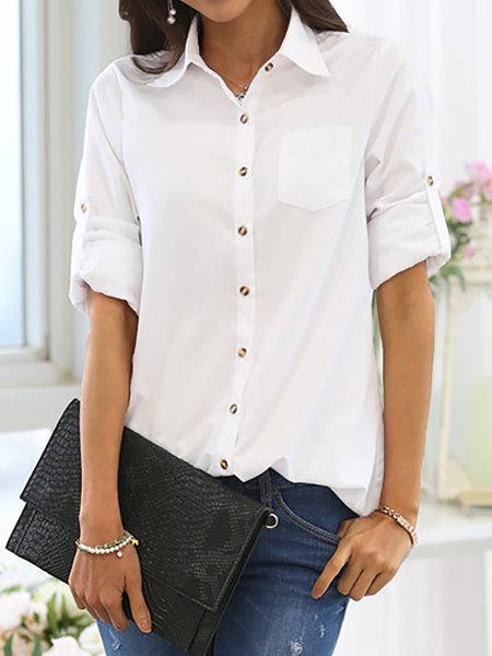 

Colletto a Camicia Solido Maniche Lunghe Top, Bianco, Blouses & Shirts