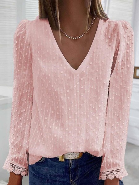 

V Neck Loosen Casual Daliy Shirts & Tops, Pink, Shirts & Blouses