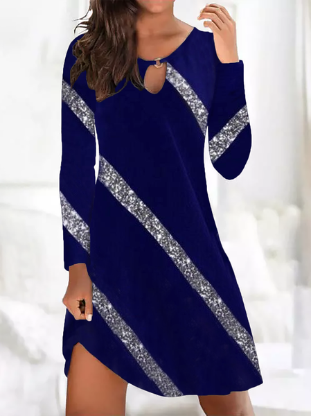 

taglia grande Casuale paillettes Maniche Lunghe Abito, Blu, Mini Dresses