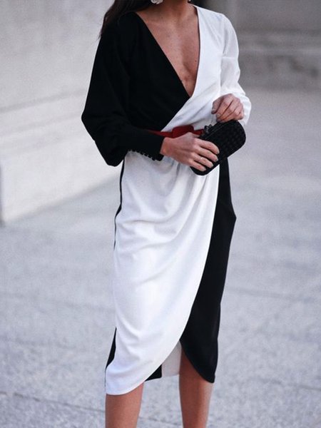 

Elegant Color Block V Neck Dress, As picture, Midi Dresses
