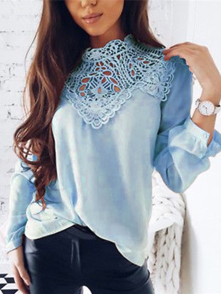 

Stand Collar Cotton Blends Shirts & Tops, Blue, Tops