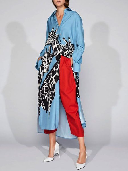 

Vacation Shirt Collar Animal Blouses And Shirts, Blue, Blouses and Shirts